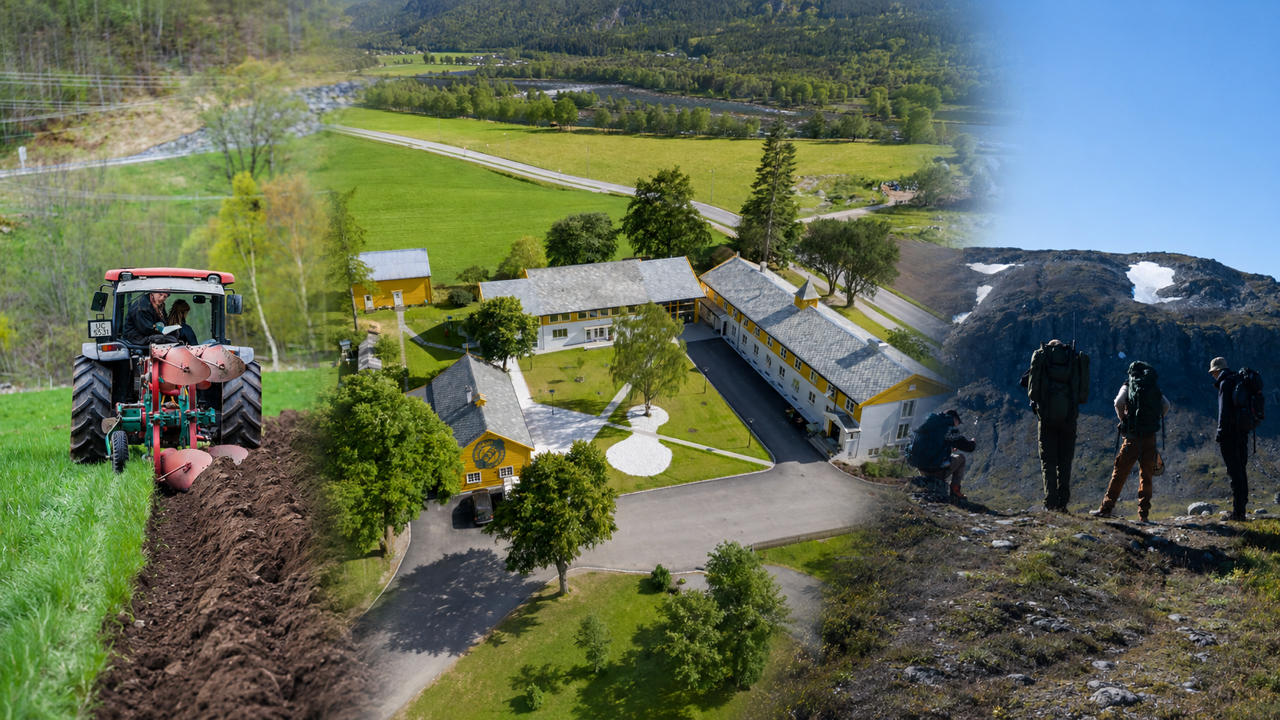 Traktorarbeid, skulegarden og fjelltur viser praktisk økologisk landbruksutdanning ved Sogn Jord- og Hagebruksskule i Aurland.