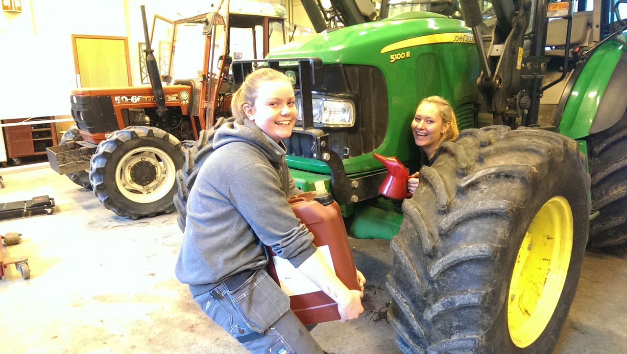 Elever jobber med vedlikehold av traktor i verksted på naturbruk.