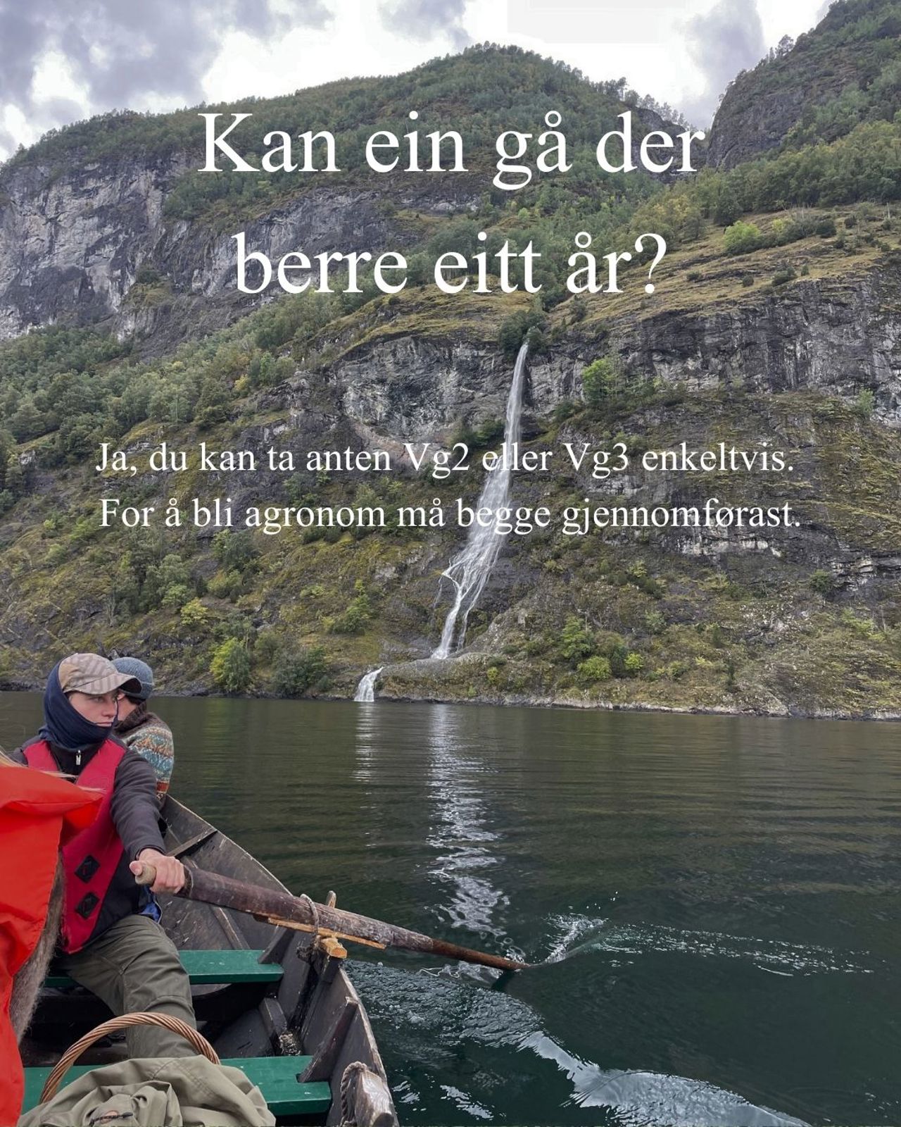 Elevar arbeider ute i åkeren ved Sogn Jord- og Hagebruksskule med fjell i bakgrunnen.