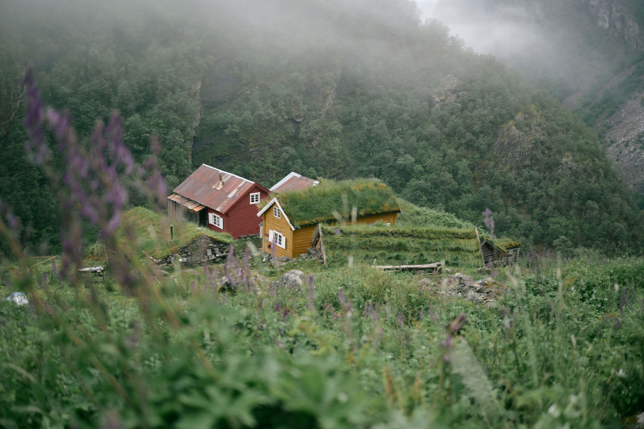 Støl med tradisjonelle bygningar i bratt kulturlandskap i Aurlandsdalen, brukt i undervisning om husdyr og landbruk ved Sogn Jord- og Hagebruksskule