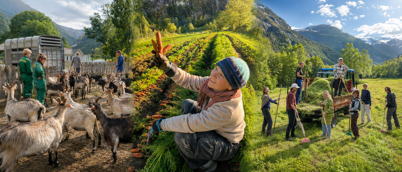 Elevar ved Sogn Jord- og Hagebruksskule arbeider praktisk med geiter, grønsaker og slått i Aurland.