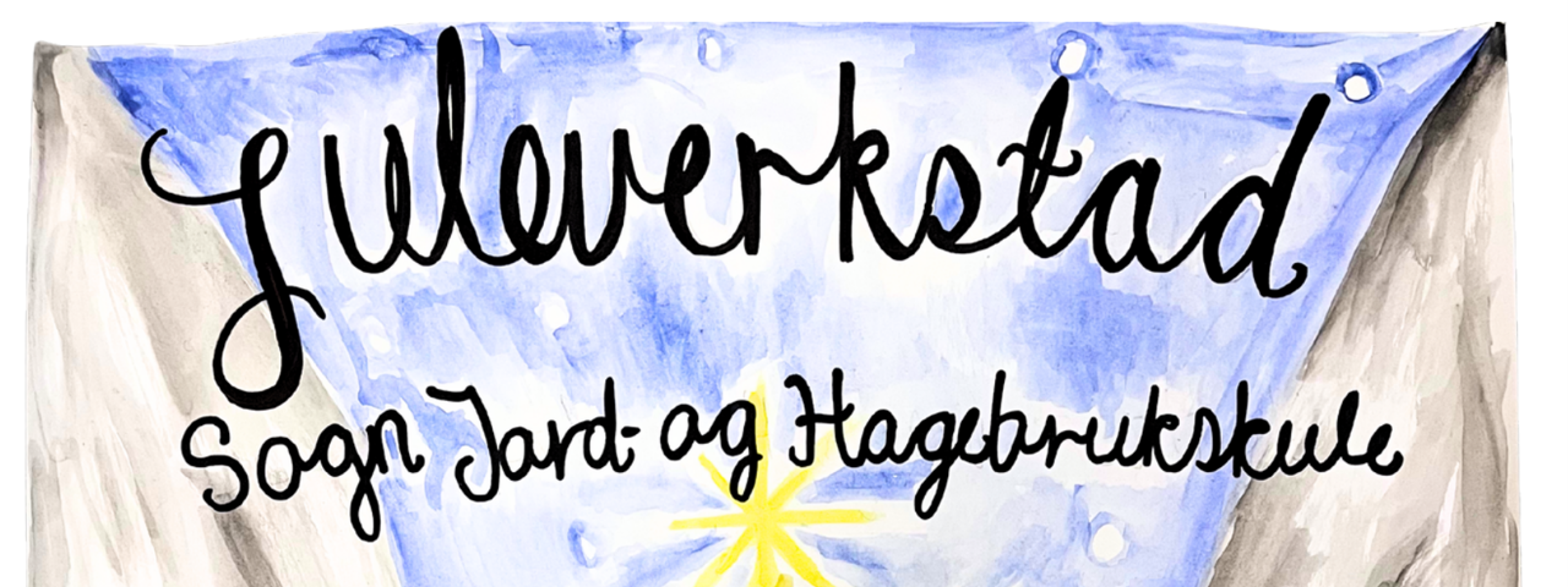 Plakat for Juleverkstad ved Sogn Jord- og Hagebruksskule med barn som danser rundt et pyntet juletre foran snødekte fjell og informasjon om aktiviteter under arrangementet.