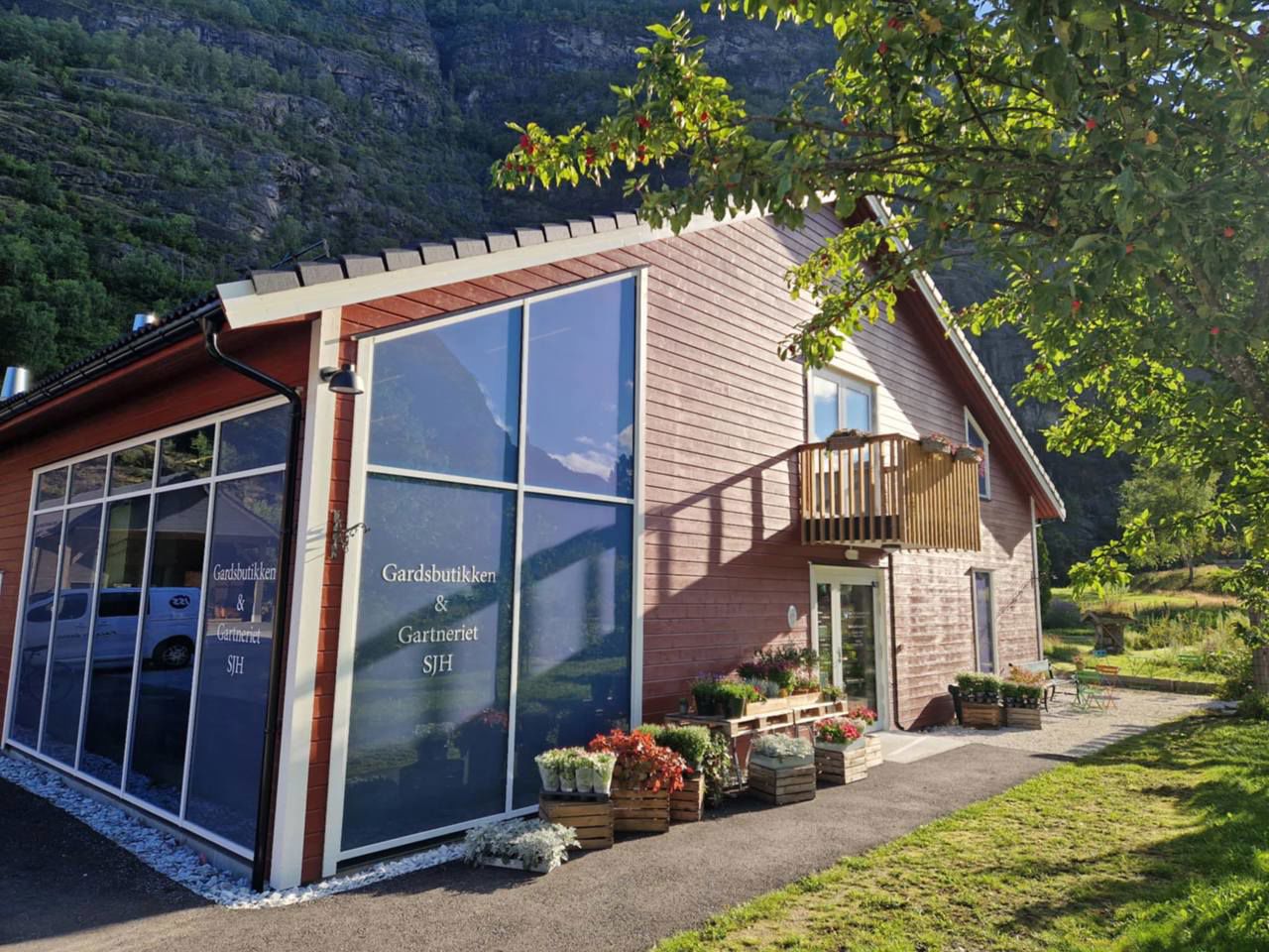Hofladen der Sogn Jord- og Hagebruksskule in Aurland mit Gewächshaus und Bio-Produkten