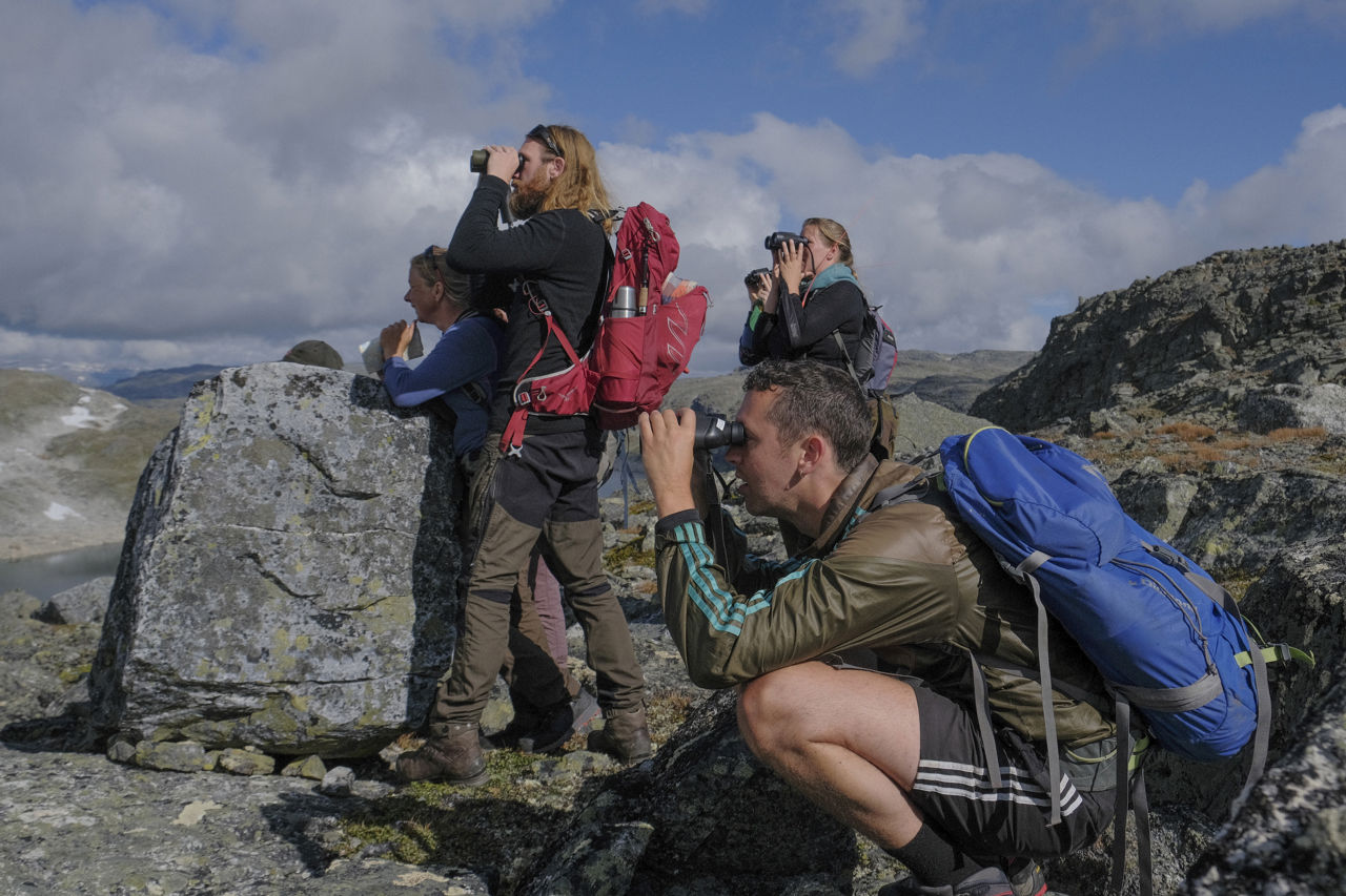Ei gruppe elevar på fjelltur observerer natur og dyreliv med kikkert under undervisning i naturbruk.