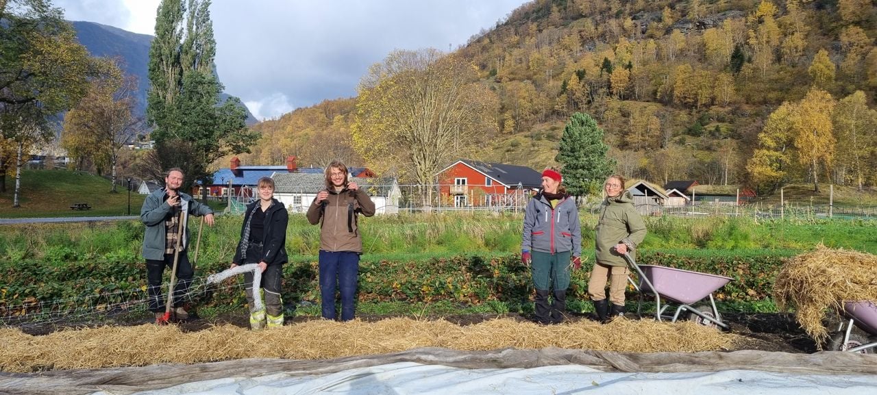 Elevar ved Sogn Jord- og Hagebruksskule avsluttar arbeidet i marknadshagen og gjer klar beda for vinteren under undervisning i økologisk landbruk